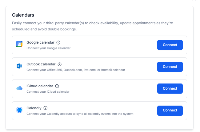 The calendar connection window with Connect buttons for each provider